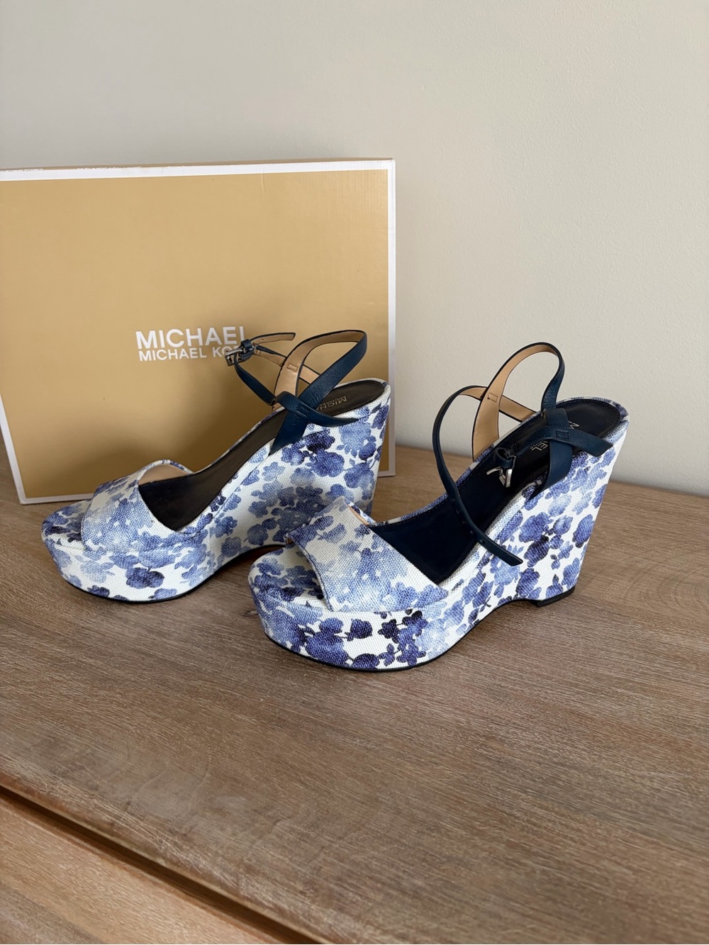 Michael Kors Navy and White Floral Canvas Wedge Sandals